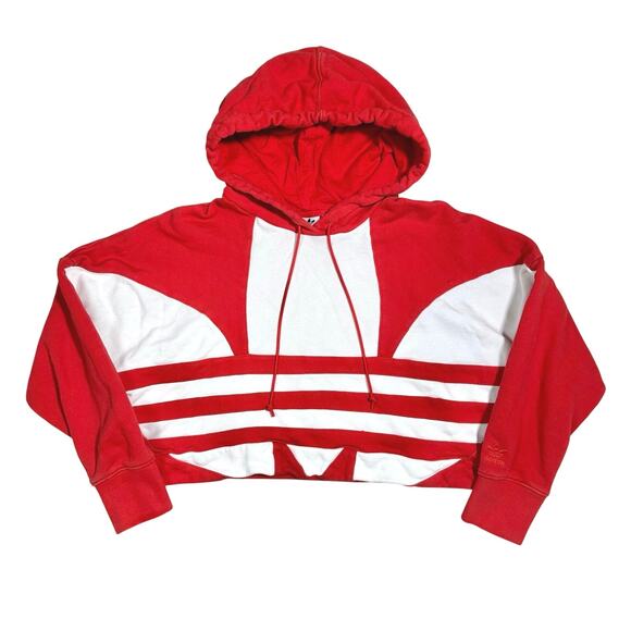 adidas | Women | Red White Big Trefoil Cropped Sporty Hooded Sweatshirt | Small - Picture 13 of 15